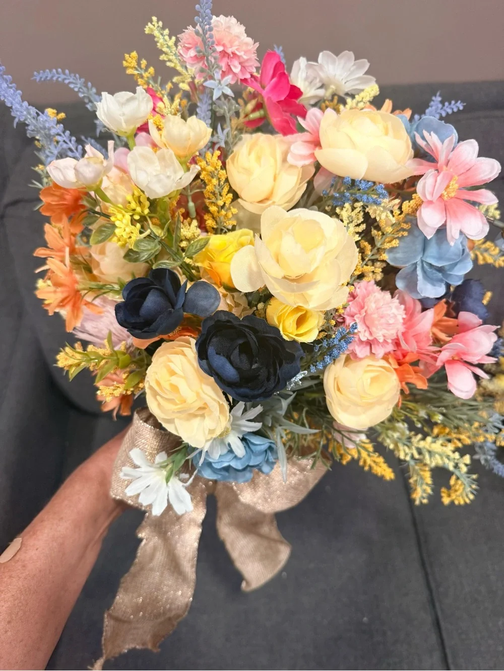 2-Elegant Mixed Artificial Floral Bouquets in Yellow, Navy, Pink & Blue